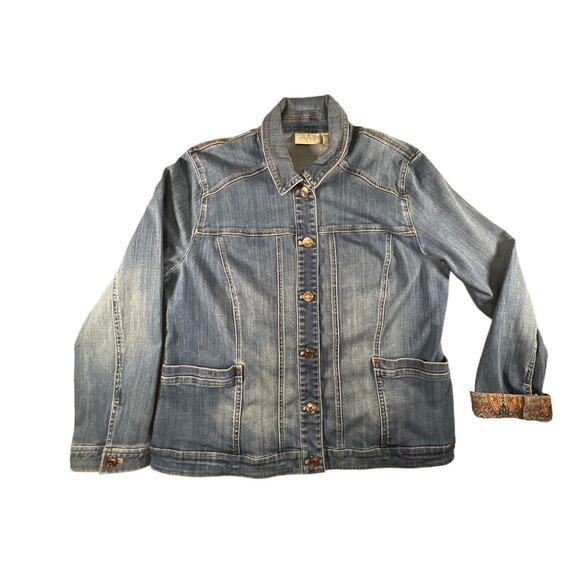 Chico's Woman's Paisley Blue Denim Stretch Long Sleeve Jean Jacket Size 2, Large - Picture 1 of 8